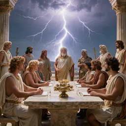 Greek gods in a meeting at Mount Olympus, realistic , wide view , cinematic , sky full of lightning, apocalypse theme , full of details , 4k , trending on artstation, bright