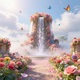 heaven, flower garden of versailles, korean tall palace of flower, waterfall from the clouds, heavenly flower garden of courtyard, butterfly, sky full of petals, oriental fantasy, wreathed in mist and bright sunshine, ultra realistic, 8 k