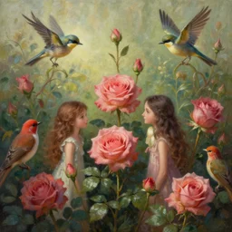beautiful digital matter cinematic painting of whimsical botanical illustration of roses and birds whimsical by greg rutkowki and alena aenami artstation