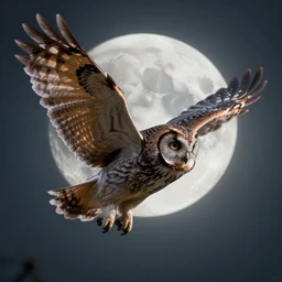 an extremely detailed masterpiece photorealistic of a western screech - owl in flight moon in background, in the style of, brian bolland, digital art, unreal engine, volumetric lighting, dark moody lighting, trending on artstation, photorealistic, epic scene
