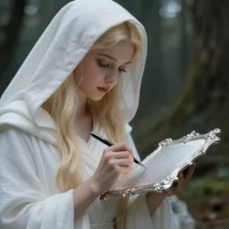 closeup shot of the goddess of memory inscribing prayers on a silver tablet in a forest, white hood, white robes, blonde, fantasy, magical, realistic and detailed, spiritual, supernatural, intricate, elegant, highly detailed, digital painting, trending on artstation, by wlop, 4 k octane render