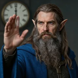 portrait of a middle aged elf with a long beard, dressed in a blue cloak, brown grey hair, raised hand, clock iconography, detailed face, fantasy, highly detailed, cinematic lighting, digital art painting by greg rutkowski