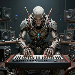a centered photo of the most complicated and technical musical studio equipment being played by a mystical post apocalyptic cyborg, powerful, cinematic, beautifully lit, by artgerm, by karol bak, 3 d, perfect face and body, trending on artstation, octane render, 8 k