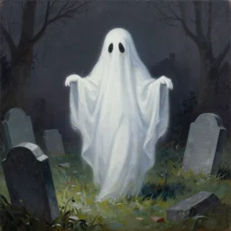 elvgren gil painting of a strange ghost in a graveyard