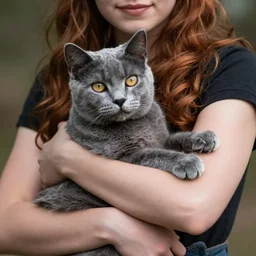 Katniss Everdeen holding a British blue shorthair cat in her arms, closeup of arms, digital portrait by Greg Rutkowski, intricate, sharp focus, cinematic, epic, artstation