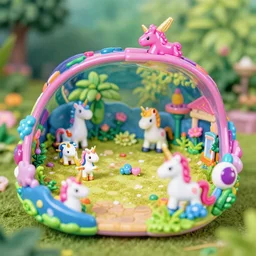 a clamshell polly pocket garden with unicorns, kodachrome photo