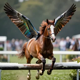 action shot from a distance of 2 0 m of a appaloosa horse which has has unfurled wings, saturated colored mane. the horse is at a steeplechase event, professional, high quality, 4 k, dof, bokeh, action, dramatic lighting, photorealistic, detailed, hq, photorealism, digital art