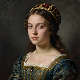 portrait of young woman in renaissance dress and renaissance headdress, art by joan miro