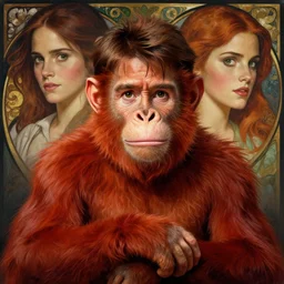 africa, beautiful portrait of a very funny actor tom cruise playing with ginger red big monkey, face like monkey, emma watson actress blended monkey face, ape, powerful, dramatic lighting, intricate, wild, highly detailed, digital painting, cinematic, artstation, concept art, sharp edges and focus, illustration, art by artgerm and greg rutkowski and alphonse mucha