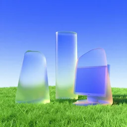 minimal computer generated architecture shapes in a meadow with blue sky. slick, futuristic design. colorful soft gradients, translucence. pre - 2 0 0 0 s era. 9 0's computer art, early computer graphics
