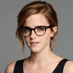 Photo of Emma Watson wearing Warby Parker glasses, soft studio lighting, photo taken by Martin Schoeller for Abercrombie and Fitch, award-winning photo, 24mm f/1.4