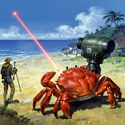 shoulder shot of a gigantic crab crawling towards village near a beach and [ laser ] [ turret ] [ attached ] to crab, by ralph mcquarrie, by peter mohrbacher, cinematic lighting