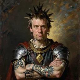 portrait of a medieval warrior, punk, tattoos, a flemish baroque by alexander mcqueen, art by john collier by greg rutkowski and craig mullins, oil on canvas