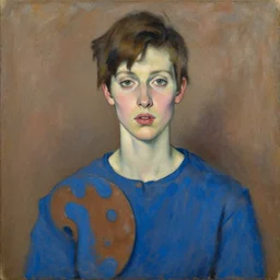 expressive medium shot portrait of a pale young 8 0 s model woman with tomboy short brown hair, big lips, wearing a blue shirt, brown and blue palette, oil painting, muted colors, artwork by lucian freud, arnold bocklin