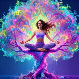 a beautiful woman sitting on top of a neon tree doing yoga and smiling. her hair flows as water. bright colorful mood. digital art with fractals, octane render