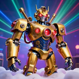 foam party, portrait photo of a giant huge golden and blue metal steampunk robot, with gears and tubes, eyes are glowing red lightbulbs, shiny crisp finish, 3 d render, 8 k, insaneley detailed, fluorescent colors, background is multicolored lasershow