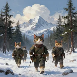 portrait of anthropomorphic cat soldiers traveling in tundra between pine trees underneath big mountains with giant clouds, facing the camera, professional digital painting by rembrandt and akira toriyama, volumetric and cinematic lighting, d & d, artstation, extremely detailed 8 k