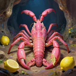 A centered gigantic psychedelic This elongated monster looks like a sea scorpion and a lemon. It has a pink colored body, canons and a stinger. It can be found in caves and is very loyal to it's owner., vibrant color scheme, highly detailed, in the style of romanticism, cinematic, artstation, Moebius, Greg rutkowski