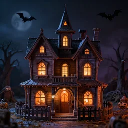 a hyper realistic photo of a halloween miniature haunted house, lit, at night