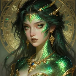 a seductive beautiful lithuanian woman with a perfect anime face!!! shiny green iridescent dragon scale skin, serpentine features, bust portrait, gold jewelry, dnd, face, fantasy, intricate, elegant, highly detailed, digital painting, artstation, concept art, smooth, sharp focus, illustration, art by artgerm and greg rutkowski and alphonse mucha