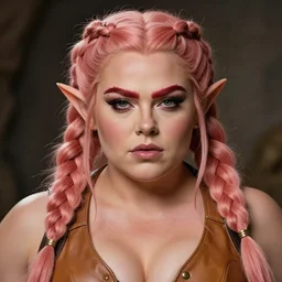 fantasy character portrait photo. female dwarf. short, broad, extremely swole physique. broad face resembles cara delevingne but very squat. wide face, androgynous but pretty. elaborately braided orangepink hair. long sidebuns, downy cheeks. thick bushy groomed red eyebrows with multiple piercings. tan leather vest, bare bodybuilder shoulders. kohl, lipgloss