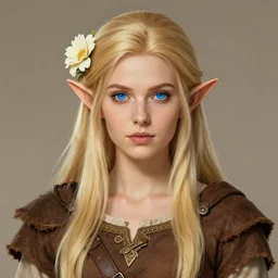 portrait, 30 years old women :: fantasy elf, small ears :: bright blue eyes, long straight blonde hair, flower in hair :: attractive, symmetric face :: brown medieval cloting, natural materials :: high detail, digital art, RPG, concept art, illustration