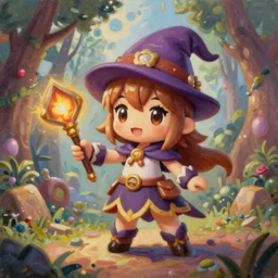 oil painting of a cute chibi MapleStory female, casting a spell with a staff, wearing a MapleStory wizard outfit, sharp focus, fantasy style, octane render, volumetric lighting, 8k high definition, by greg rutkowski, highly detailed, trending on artstation, magic the gathering artwork, Perion background from MapleStory, centered