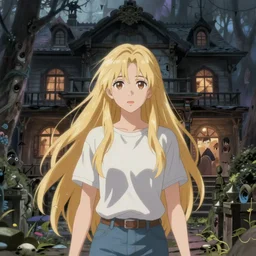 portrait of a woman exploring a haunted house, long blonde hair, t - shirt and jeans, kyoto animation still, finely illustrated face, intricately detailed features, digital painting, makoto shinkai, painted by ilya kuvshinov and katsura masakazu and alphonse mucha and satoshi kon
