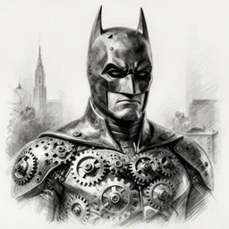 Batman full of gears on the suit and mask, sketch, drawing, pencil,