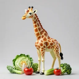a realistic, detailed sculpture of a giraffe created from cabbages, tomatoes, broccoli and other vegetables. the giraffe is on fire