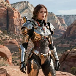 cinematography of a cinematic ultra realist and ultra intricate detailed photo of a beautiful sci-fi armored Apex legends Destiny Titanfall fall Legendary skin in Zion national park by Emmanuel Lubezki
