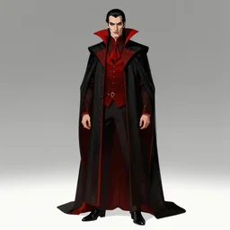 a classical vampire, male, late - 4 0 s aged, long, slicked black hair, clean shaven, in red and black, regal, high fantasy, full color digital art, cinematic shot, full body shot, concept art.