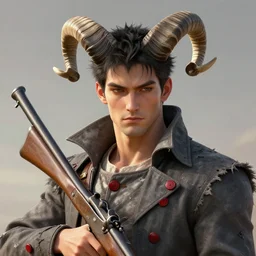 concept art handsome tall man with large curved imp horns on a head, black and white striped short hair, tattered slate gray collared coat with red buttons, holding old musket, art by charles liu, closeup shot, fantasy style, soft lighting, vibrant color scheme, ultra detailed, volumetric lighting, octane render, commission art, 8 k wallpaper