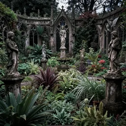 goth garden gorgeous dark plants pretty many varieties of plants. gothic statues and stone work.