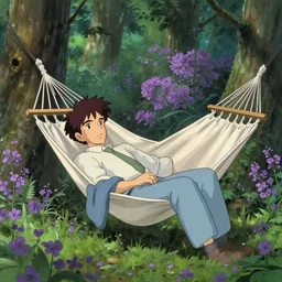 beautiful film still of business man laying in a hammock, beautiful forest with purple flowers, studio ghibli movie