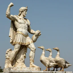 greek warriors fighting against ducks, ancient greek statue, epic, detailled
