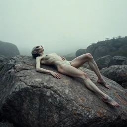wide angle photograph of a female alien reclining on a rock