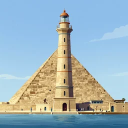 illustration of lighthouse of alexandria, pharos of alexandria, built by the ptolemaic kingdom of ancient egypt, during the reign of ptolemy ii philadelphus ( 2 8 0 - 2 4 7 bc ). estimated to have be at least 1 0 0 meters in overall height. by lliam brazier, petros afshar, peter mohrbacher and victo ngai