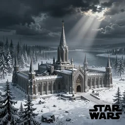 star wars concept art by greg rutkowski, buildings of a military base with a neogothic appearance, in the middle of a snowy forest landscape and near a lake, dark clouds, scarce rays of sunlight, enigmatic atmosphere, artstation hq.