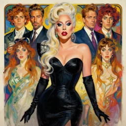 portrait painting of lady gaga with elegant black dress by sachin teng and pascal blanche and alphonse mucha and james jean and josan gonzalez. in style of digital art. colorful comic, film noir, symmetry, brush stroke, vibrating colors, hyper detailed. photorealistic face, retro futuristic. trending on artstation