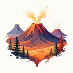 volcanoes desert fir trees splash art graphic design color splash high contrasting art, fantasy, highly detailed, art by greg rutkowski