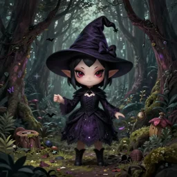 satanic chibi witch in the evil forest, fantasy, 8 k resolution, hyper detailed, character design, digital painting, sharp focus, illustration, art by hieronymus bosch