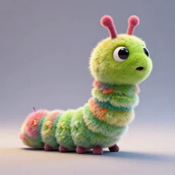 a fluffy little caterpillar with segmented color rings all the way up it's very long body, octane render, jim henson, studio lighting, critter design