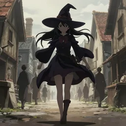 ( ( majo no tabitabi ) ), kyoani key anime visual portrait of a young female witch walking through a busy medieval village, dynamic pose, dynamic perspective, cinematic, dramatic lighting, detailed silhouette, anime proportions, perfect anime face ( murata range )