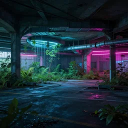 a indoor abandoned parking lot with overgrown plants, neon, cyberpunk, art by Simon Stalenhag, cinematic, 4k