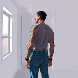 a tattooed young and thin latino guy, alone, looking out a white room wearing a sleeveles shirt and blue jeans, short hair, tattoos, smoking, illustration, gta v, unreal engline, wide angle lens, art by greg rutkowski