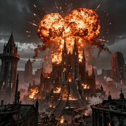 gothic medieval cyberpunk city, giant explosion, fire, trail of smoke, high quality, detailed, 8k, unreal engine, octane render, trending on artstation