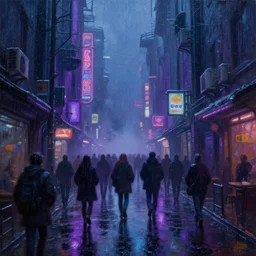 a oil painting of narrow cyberpunk street in rainy night, with crowd!!!, crowded!!!!, purple and blue neons, heave foggy, sci - fi, wet winter, low angle shot, water reflect, lush detail, cinematic lighting, sharp focus, hyperrealism, volumetric light, by sebastian luca on artstation. 4 k, concept art.