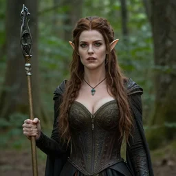 A photo of a beautiful and dangerous Elven Queen in her forest; natural light; f/1.4; 90mm