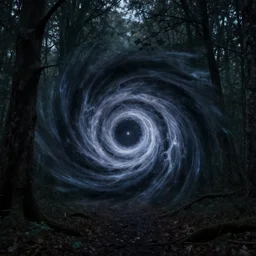 2018 photograph of swirling dark energy portal revealing the mirror glitch universe in a dark and scary woods, magical realism style